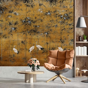 Vintage Chinoiserie Wallpaper | Japanese Crane Wallpaper Peel and Stick | Gold Oriental Wallpaper | Removable Chinese Botanical Wall Mural