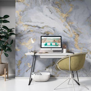 Gray Marble Wallpaper: Abstract Gold Wave Mural (Peel and Stick)