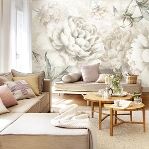 White Peony Floral Wall Mural: Beige Peel and Stick Wallpaper