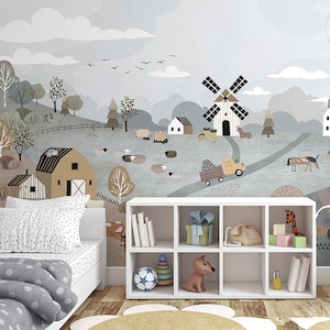 Farm Animals Nursery Wallpaper | Farmhouse Wall Mural Peel and Stick Kids Room Decor | Woodland Wall Art Wall Mural | Trees Wallpaper