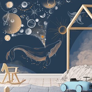 Carta da parati per bambini con balene e pianeti / Arte murale con spazio e stelle / Carta da parati per bambini / Carta da parati per cameretta dei bambini / Carta da parati blu scuro rimovibile