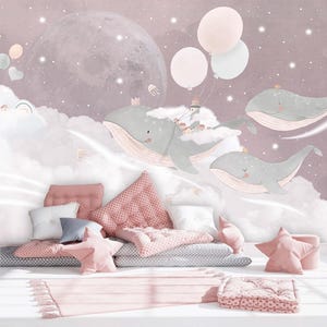 Whales and Balloon Nursery Wallpaper | Nursery Wall Mural | Space and Stars Wall Art | Kids Wallpaper Peel and Stick Cute Whales Wall Mural