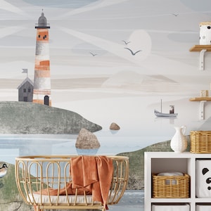 Lighthouse Seaview Kids Wallpaper: Abstract Coastal Mural (Peel and Stick)