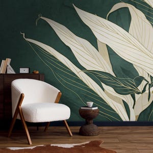 Papier peint feuilles beiges | Papier peint amovible auto-adhésif traditionnel | Papier peint vert pour la chambre | Papier peint grande feuille
