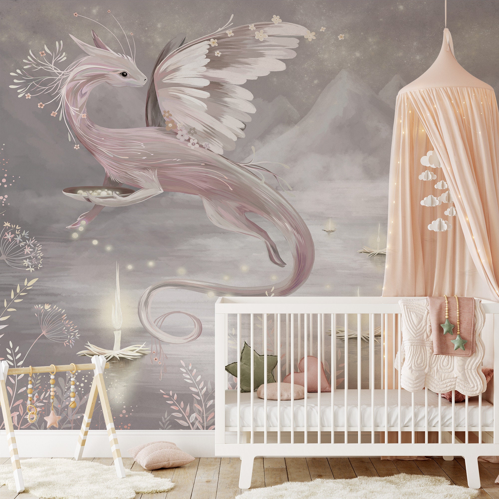 Pink Dragon Nursery Wallpaper Pink Dragon Nursery Wallpaper For Girls Room, Self Adhesive Removable Wall Mural, Wallpaper Gifts for Girls