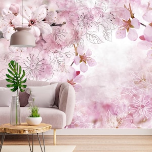 Sakura Floral Wallpaper: Pink Chinoiserie Peel and Stick Mural
