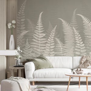 Carta da parati botanica con felce verde staccabile e attaccabile / Carta da parati minimalista con foglie di felce naturale / Murale scandinavo rimovibile con foglie e fiori selvatici