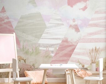 Fondo de pantalla de sueños de pradera de acuarela rosa para niños, mural de pared de paisaje de montaña y granja, plantas de pradera de pinos rosados y mural de pared de caballos