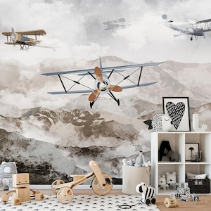 Airplane Wallpaper Mural Peel and Stick | Cloudy Mountains and Airplanes Wall Mural | Boys Room Wall Decor | Nursery Wallpaper Murals