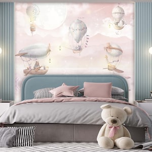 Hot Air Balloon Nursery Wallpaper | Flying Cute Animals Wall Mural | Pink Sky and Clouds Wallpaper | Nursery Wall Mural Peel and Stick