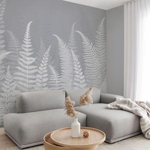 Minimalist Fern Botanical Wallpaper | Neutral Fern Leaf Wallpaper | Moody Ferns and Plants Wallpaper | Leaves and Wildflowers Wall Mural