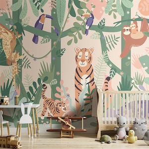 Carta da parati adesiva con animali della giungla per bambini, carta da parati safari per cameretta dei bambini, murale con foresta tropicale rosa e tigri