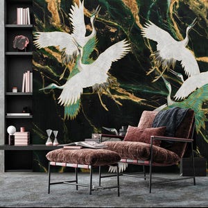 Emerald Green Crane Wallpaper: Gold Marble Accent Wall Mural