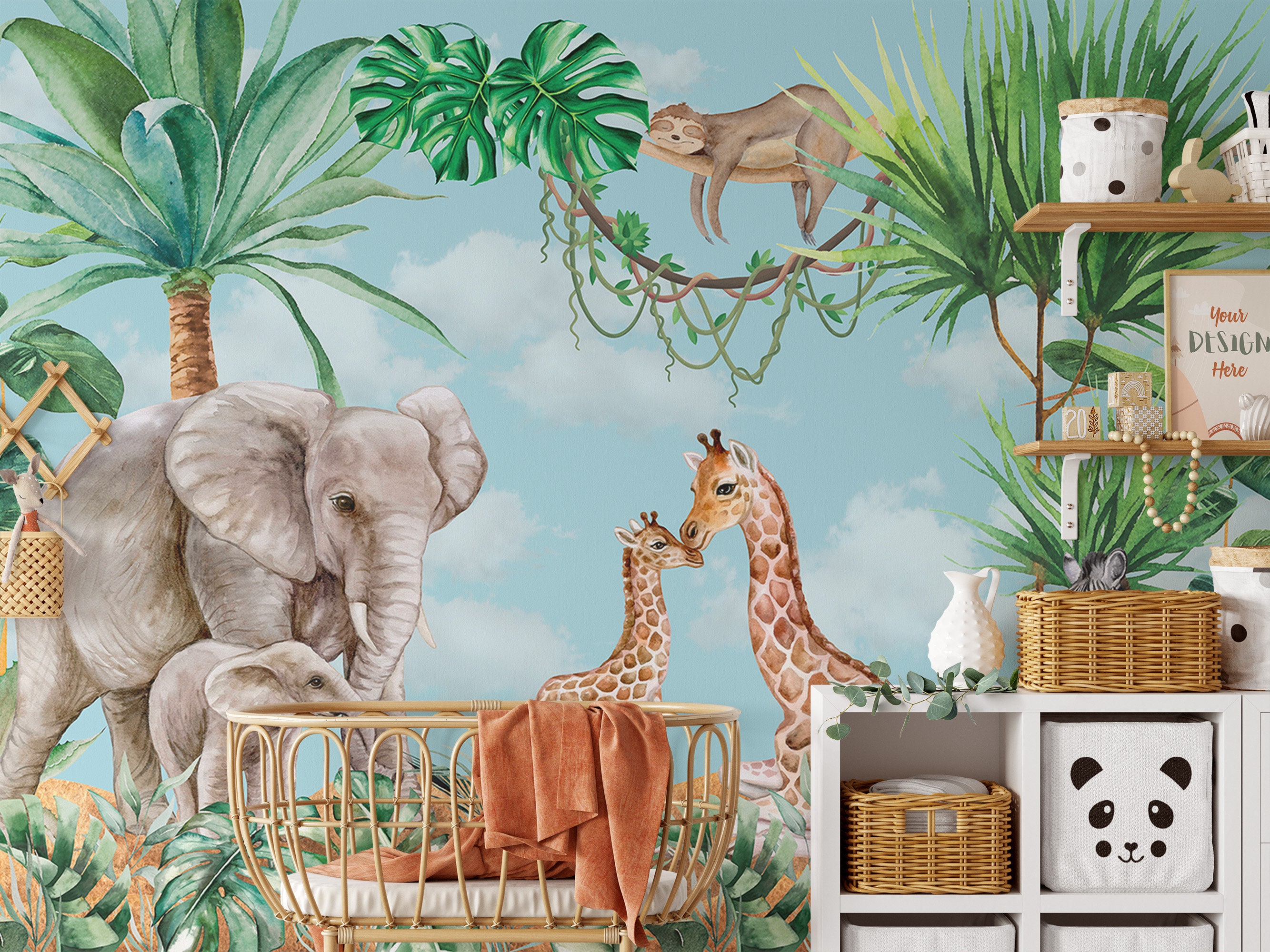 Kids Watercolor Tropical Forest Animals Wallpaper Peel and Stick ...