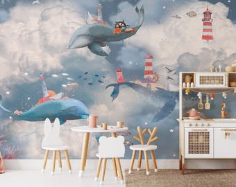 Whales and Fishes Cloud Sky Wallpaper: Dreamy Nursery Peel and Stick Mural