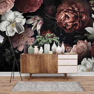 Dark Academia Floral Peel and Stick Wallpaper: Moody Botanical Mural