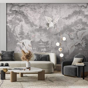 Japanese Crane Wallpaper: Asian Landscape Wall Mural, Peel and Stick
