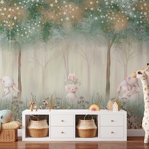 Märchenwald Kinderzimmer Tapete | Wald Wand Kunst Schälen und Stick Mädchen Raum Wand Dekor | Märchen Niedliche Häschen das Magische für Wandbild