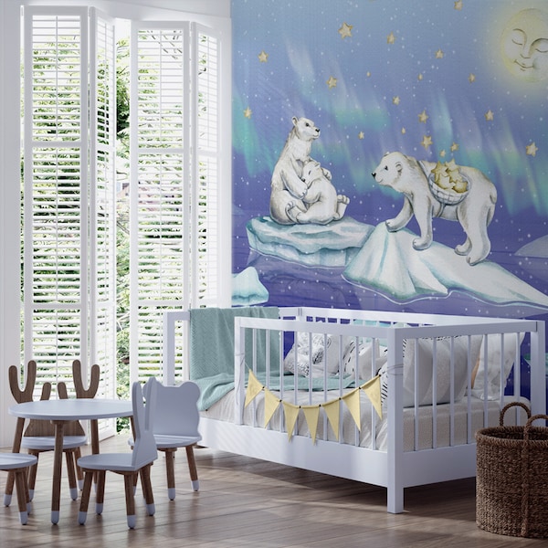 Watercolor Northern Lights Landscape and White Polar Bear Family Wallpaper for Nursery, Wildlife Arctic Animals Wall Mural Peel and Stick