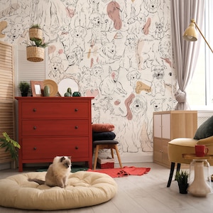 Hand Drawing Cute Dogs Kids Room Wallpaper | Cute Cartoon Dog Family Self Adhesive Wall Mural Peel and Stick