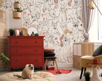 Hand Drawing Cute Dogs Kids Room Wallpaper | Cute Cartoon Dog Family Self Adhesive Wall Mural Peel and Stick