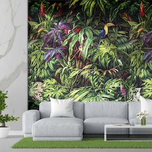 Dunkle botanische Tapete schälen und aufkleben | Tropische Vögel Tapete | Exotischer Papagei und Bäume Wandbild | Tropische Pflanzen Tiere Wandbild