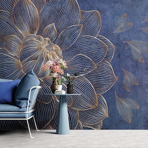 Peony Wallpaper: Gold Line Flowers, Blue Removable Wall Mural