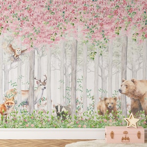 Kids Wallpaper for Girls Pink Forest Cute Animals Wall Mural | Forest Animals Nursery Wallpaper Woodland Wall Art | Trees Wild Animals Mural
