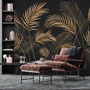 Black Gold Palm Leaves Wallpaper | Dark Gold Palm Leaf Wall Mural | Self Adhesive Removable Wallpaper Peel and Stick