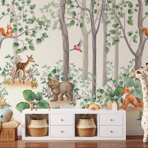 Forest Animals Nursery Wallpaper | Woodland Wall Art | Watercolor Trees Wild Animals Peel and Stick | Kids Room Decor | Nursery Wall Mural
