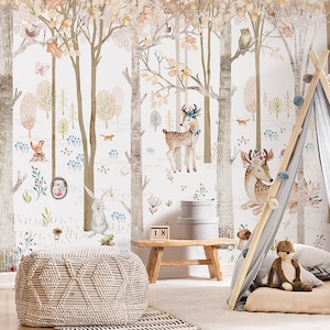 Fairytale Forest Nursery Wallpaper | Autumn Forest Wallpaper Murals | Girls Room Wall Decor Fairy Forest Floral Wallpaper Peel and Stick