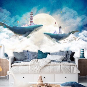 Whales Nursery Wallpaper: Watercolor Ocean Peel and Stick Wall Art