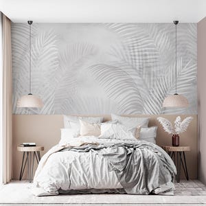 Carta da parati minimalista con foglie tropicali / Carta da parati con foglie di palma neutre / Carta da parati murale scandinava staccabile e attaccabile / Carta da parati moderna rimovibile