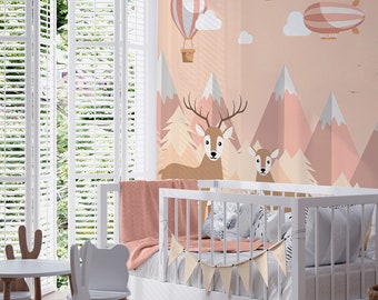 Pink Cartoon Forest Animals Kids Wallpaper, Hot Air Balloons and Zeppelins Sunset in a Pink Sunny Sky Wall Mural Peel and Stick