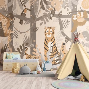 Kids Safari Jungle Animals Wallpaper | Tiger Wallpaper Peel and Stick | Nursery Wallpaper Safari Animals Removable Baby Room Wall Mural