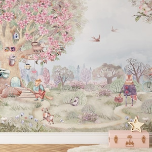 Fairy Tree House Nursery Wallpaper | Fairytale Forest Mural Peel and Stick | Trees Wild Animal Wallpaper | Woodland Wall Art Kids Room Decor