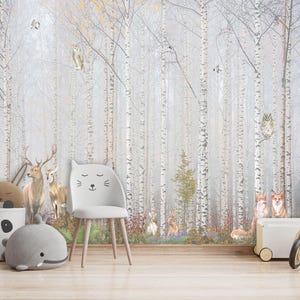 Papiers peints pour chambre d'enfants | Art mural boisé, autocollant, décoration murale pour chambre d'enfants | Aquarelle, arbres, animaux sauvages, décoration pour chambre d'enfants