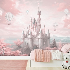 Princess Castle Nursery Wallpaper | Watercolor Flowers Wall Art | Fairy Castle Wall Mural Girls Room Wall Decor | Fairytale Forest Wallpaper