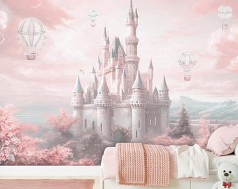 Princess Castle Nursery Wallpaper | Watercolor Flowers Wall Art | Fairy Castle Wall Mural Girls Room Wall Decor | Fairytale Forest Wallpaper