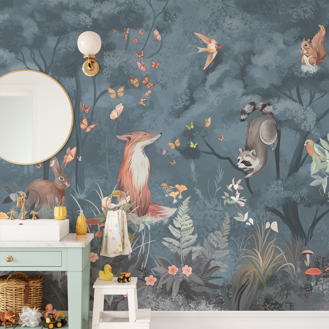 Forest Animals Nursery Wallpaper | Woodland Wall Art Peel and Stick ...
