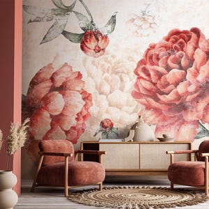 Pastel Peony Wallpaper Peel and Stick | Watercolor Soft Floral Wall Mural | Peonies Blossom Wallpaper | Large Peony Floral Wall Mural