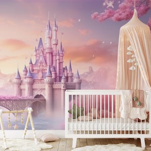 Princess Castle Nursery Wallpaper | Watercolor Flowers Wall Art | Fairy Castle Wall Mural Girls Room Decor | Fairytale Pink Forest Wallpaper