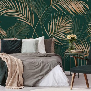 Gold Palm Leaves Wallpaper | Dark Gold Palm Leaf Wall Mural | Self Adhesive Removable Wallpaper Peel and Stick