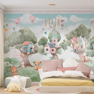 Tree house Nursery Wallpaper | Forest Animals Nursery Wallpaper Woodland Wall Art | Watercolor Tree House Wild Animals Peel and Stick