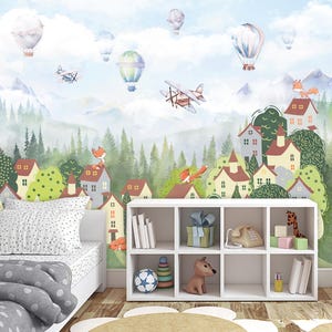 Kids Wallpaper Peel and Stick | Kids Airplanes with Hot Air Balloons in the Sky Wall Mural | Town and Foxes Mountain with Trees Wall Mural