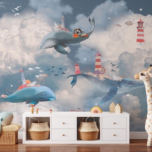Whales and Ships Nursery Wallpaper: Ocean Animals Peel and Stick Mural