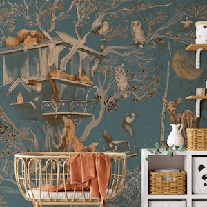 Cute Animals Tree House Wallpaper for Kids Room, Hand Drawing Tree House Wall Mural, Kids Room Nursery Room Decor, Self Adhesive Wall Mural