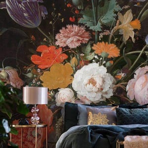 Dark Floral Peony Wallpaper Mural - Peel and Stick Botanical Wall Art