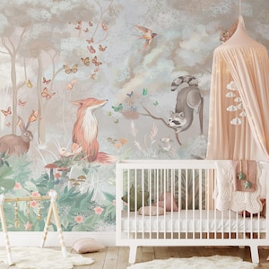 Forest Animals Nursery Mural: Peel and Stick Woodland Wallpaper