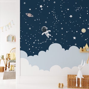 Carta da parati con costellazioni di pianeti spaziali, comete, carta da parati per bambini spaziali, carta da parati con galassie astronauti, adesivo da staccare e incollare